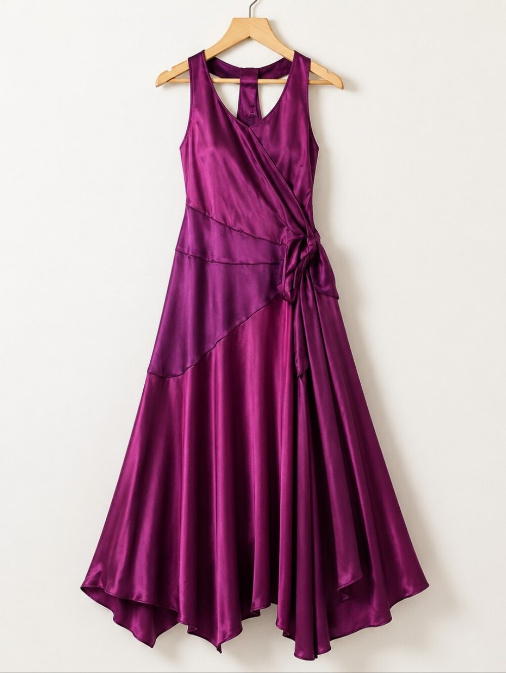 Elegant Magenta Satin Maxi Dress with Wrap Detail
